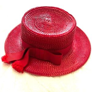 VINTAGE MR. MICHAEL EXCLUSIVE RED WOVEN PAPER STRAW BOATER HAT WIDE BRIM WOMEN